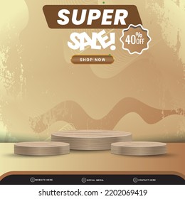 elegant super sale discount banner social media template post with blank space 3d podium for product with abstract brown gradient background design