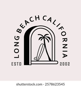 Elegant surf club logo featuring a surfboard and palm tree inside an arch, symbolizing Long Beach, California. Ideal for coastal, tropical, and adventure branding.