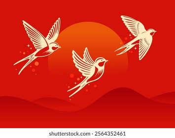 Elegant swallow bird, golden line art on red background, Chinese new year banner, chim en. Design illustration for decoration, wallpaper, poster, banner, card. Vector Illustration.