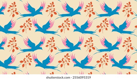 Elegant swallows bird and flower pattern. Oriental style background for wallpapers, textiles and fashion.