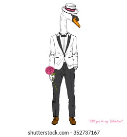 elegant swan boy dressed up in white suit with pink rose, furry art illustration, Happy Valentine Day design