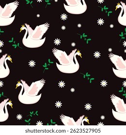 Elegante Cisne e Vetor de Padrão Sem Costura Floral, Projeto de Fundo da Natureza Romântica