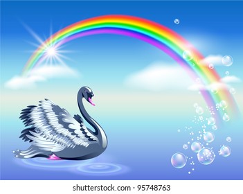 Elegant swan and rainbow