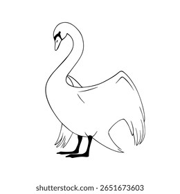 Elegant swan standing with open wings. Line art vector illustration minimalist style. Perfect for coloring books, posters, and nature-themed designs.