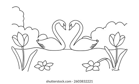 Elegant Swans, Tulips, and Pond A Serene Nature Coloring Page