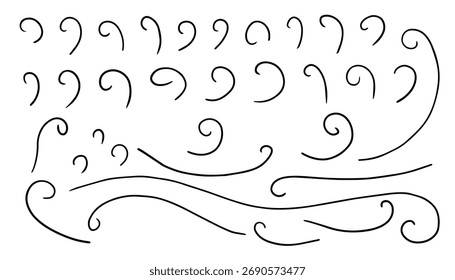 Elegant swirl and curl vector collection drawn by hand, featuring delicate curved lines for vintage frames, logo embellishments, calligraphy design, or ornamental graphic compositions
