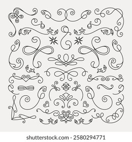 Elegant swirl designs with decorative swirls and flourishes. Swirls and curls in various styles, perfect for decorative accents and artistic embellishments. Hand drawn ornament vector set.