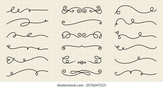 Elegant swirl dividers in black, featuring various decorative swirls, curls, and lines. Swirl designs perfect for invitations, borders, and decorative accents. Hand drawn ornament vector set.