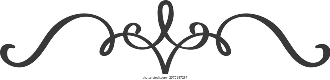 Elegant swirl flourish creating a heart shape, beautifully dividing two symmetrical curves, perfect for enhancing wedding invitations or adding a romantic touch to various projects