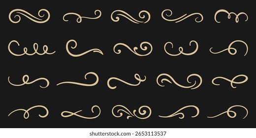Elegant swirl and flourish vector set in golden outline on dark background. Perfect for calligraphy, decoration, and vintage projects