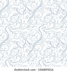 Elegant Swirl Seamless Pattern. Continuous Blue-gray curls isolated on white.