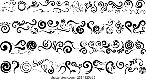 Elegant swirl, spiral and flourish vector set, Swirls spirals and Flourishes illustration, Decorative Ornamental Design Elements for Tattoo, Pattern, and Art