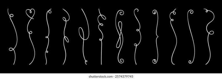 Elegant, swirling line art with intricate curves and loops on a black background. Curves and loops create a dynamic, flowing line art pattern. Swirling line art design. Hand drawn ornament vector set.