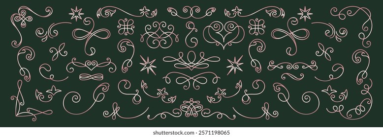 Elegant swirls and decorative flourishes on a dark background. Flourishes and swirls create a vintage, decorative look. Perfect for elegant design projects. Hand drawn ornament vector set.