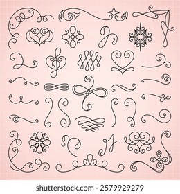 Elegant swirls and decorative flourishes on a pink background. Swirls and flourishes create a vintage, ornate design. Perfect for decorative, elegant projects. Hand drawn ornament vector set.