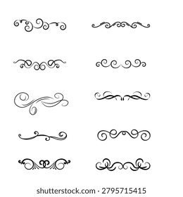 Elegant swirls paragraph line separators. Book decoration page divider borders, retro calligraphic flourishes.