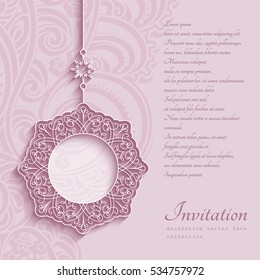 Elegant swirly decoration, decorative pendant on ornamental pink background, circle frame, mandala, greeting card, wedding invitation or announcement template, vector eps10