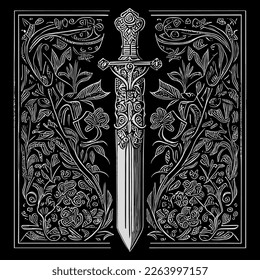 Elegant sword floral ornament line art drawing, featuring intricate details that blend the strength of a sword with the beauty of floral elements