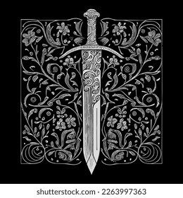 Elegante dibujo artístico de línea de adorno floral de espada, con detalles intrincados que mezclan la fuerza de una espada con la belleza de los elementos florales