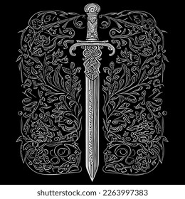 Elegante dibujo artístico de línea de adorno floral de espada, con detalles intrincados que mezclan la fuerza de una espada con la belleza de los elementos florales