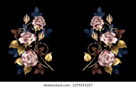 Elegant symmetrical arrangement with artistically painted, glittering, jeweled pink gold roses, adorned with blue leaves on black background. Pink gold rose.