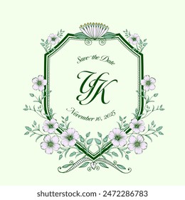 Elegant symmetrical floral crest with Y K, YK initials.