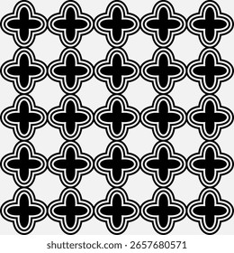 Elegante e simétrico padrão monocromático com formas de trevo quatrefoil estilizado com ornamentação floral e geométrica.