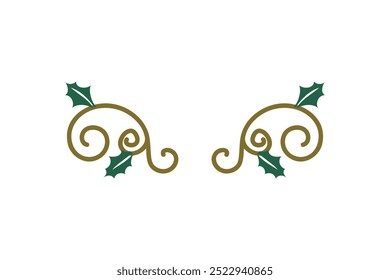 Elegante design de redemoinho simétrico acentuado com folhas de azevinho verde, perfeito para decorações temáticas de férias, convites ou layouts festivos.