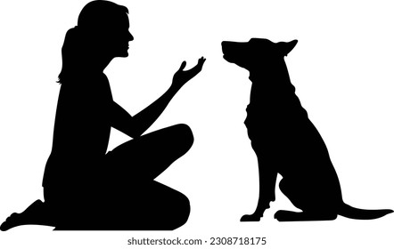 Elegant synergy: A captivating silhouette of a woman and her loyal canine companion, celebrating the timeless bond between humans and dogs.
