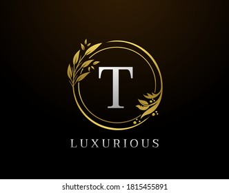 Elegant T Letter Floral Design. Circle Luxury T Gold Logo Icon.