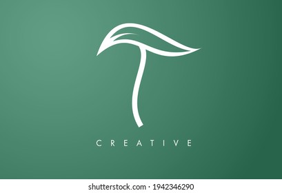 Elegant T letter Leaf Logo Design with Outline Monogram Style Flat and Minimalist Vector Letter Icon Illustration.