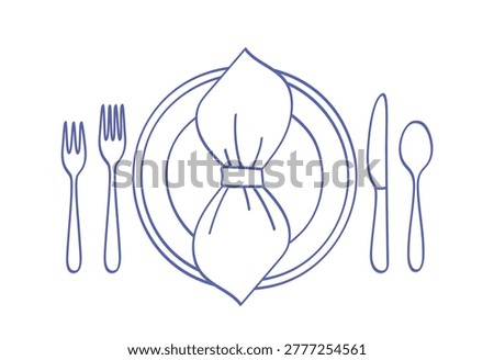 Elegant table setting with a napkin on a serving plate. Vector line art hand drawn illustration for catering, dining menus, and wedding designs