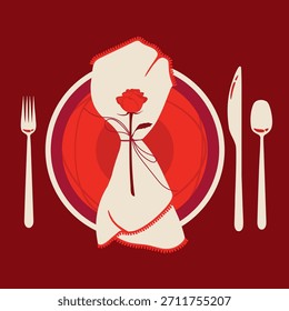 Elegante mesa para una cena de San Valentín con una rosa roja en un plato. Perfecto para una tarjeta, Anuncio, menú, volante