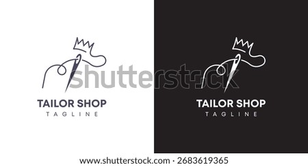 Elegant tailor shop logo featuring a sewing needle, thread, and crown in a modern, minimalist line art style. Perfect for clothing alteration and custom fashion brands.
