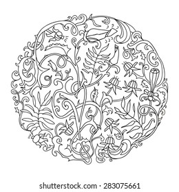 Elegant tamplate with leaves and flowers wich form a circle. Coloring book. Vintage card. Print.