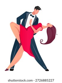 Elegante pareja de baile de tango en pose de inmersión dramática con mujer en vestido rojo sobre fondo blanco