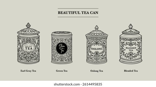 Elegant tea can designs featuring Earl Grey, Green, Oolong, and Blended Tea. Perfect for packaging or decor.