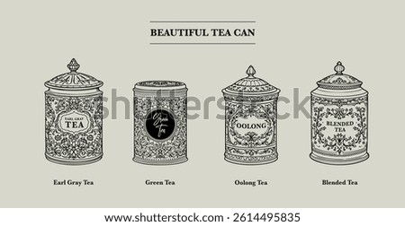 Elegant tea can designs featuring Earl Grey, Green, Oolong, and Blended Tea. Perfect for packaging or decor.