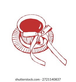 Una elegante taza de té o café con un lazo. Juego de té Antiguas. Ilustración caprichosa del contorno del Vector en rojo.