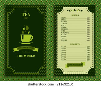 Elegant tea house menu design list template with decorative elements vector illustration in green colors retro style