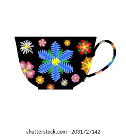 Elegante taza de té con estampado floral, aislado en un fondo blanco. Diseño de vectores.