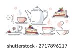 Elegant tea set collection including a teapot, multiple cups of steaming tea, and delicious slices of berry cake on plates.