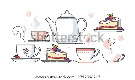 Elegant tea set collection including a teapot, multiple cups of steaming tea, and delicious slices of berry cake on plates.
