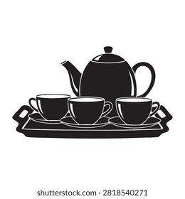 Elegant tea set featuring teapot and three cups on serving tray. Perfect for cafes, restaurants, hospitality, afternoon tea, and social occasions. Offers stylish beverage service, promoting relaxation and warm social interactions.