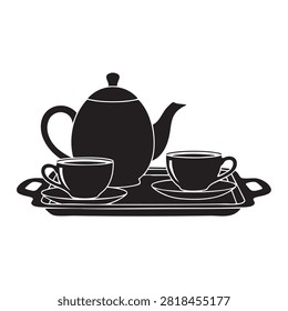Elegant tea set illustration showcasing teapot and twin cups with saucers arranged on serving tray black silhouette design isolated on white background perfect for cafe branding menu graphics hospitality industry themes and beverage service imagery classic kitchenware collection for dining room.