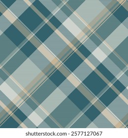 Elegant teal, beige, and gray diagonal plaid pattern.  Perfect for textile design, fashion, websites, or packaging.  Subtle yet striking geometric texture adds sophistication to any project.