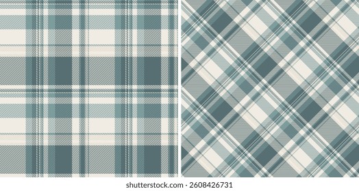 Elegant teal and cream plaid patterns, perfect for textile design, apparel, or website backgrounds.  Versatile and sophisticated, these seamless textures offer a calming, modern aesthetic.