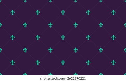 Elegante padrão de fleurdelis azul-petróleo em um fundo roxo profundo.  Um design sofisticado e repetitivo ideal para fundos do site, marcas, têxteis ou papel de parede.
