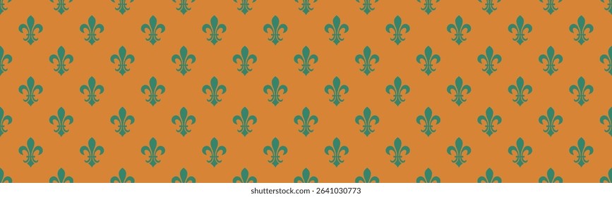 Elegant teal fleurdelis pattern on an orange background.  Perfect for textile design, wallpaper, or web backgrounds.  This regal, repeating motif evokes a sense of history and sophistication.