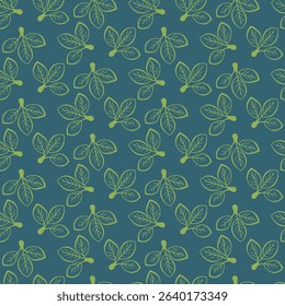 Elegant teal and olive green leaf pattern.  A seamless repeat design perfect for textile prints, wallpaper, or website backgrounds.  Evokes nature, growth, and tranquility.